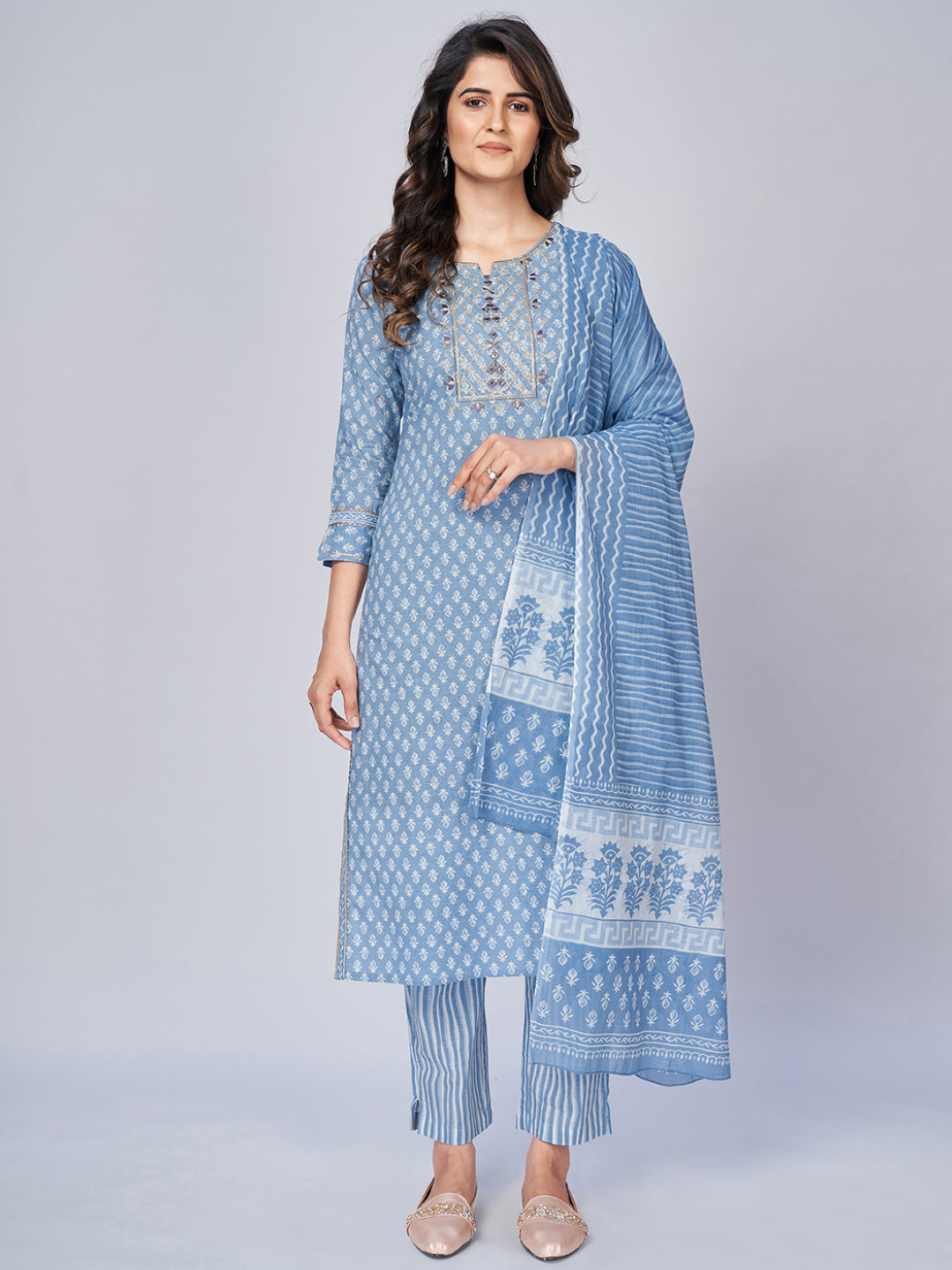 NOZ2TOZ Women's Printed & Embroidered Straight Cotton Sky Blue Kurta Pant With Dupatta (3Pcs Set) - Noz2Toz