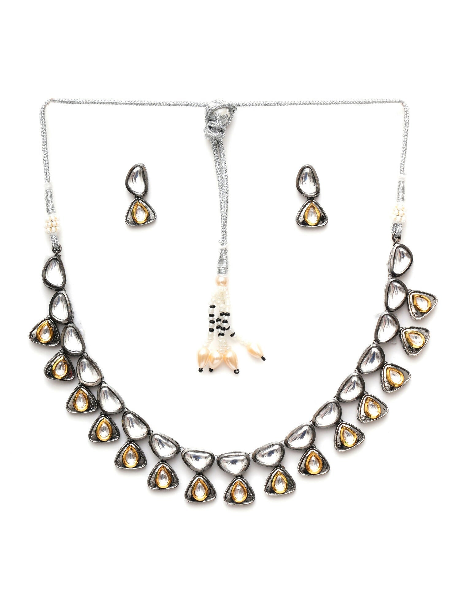 Dual Tone Kundan Neckpiece with Earrings Jewellery Set (silver) - Ruby Raang - Swadesiicart