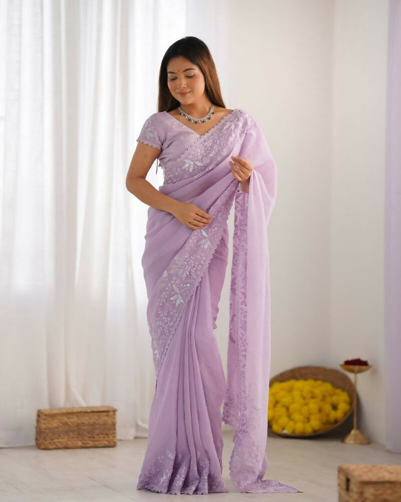Vamsee Onam Lavender Crushed Fandy Tissue Silk Saree - Swadesiicart