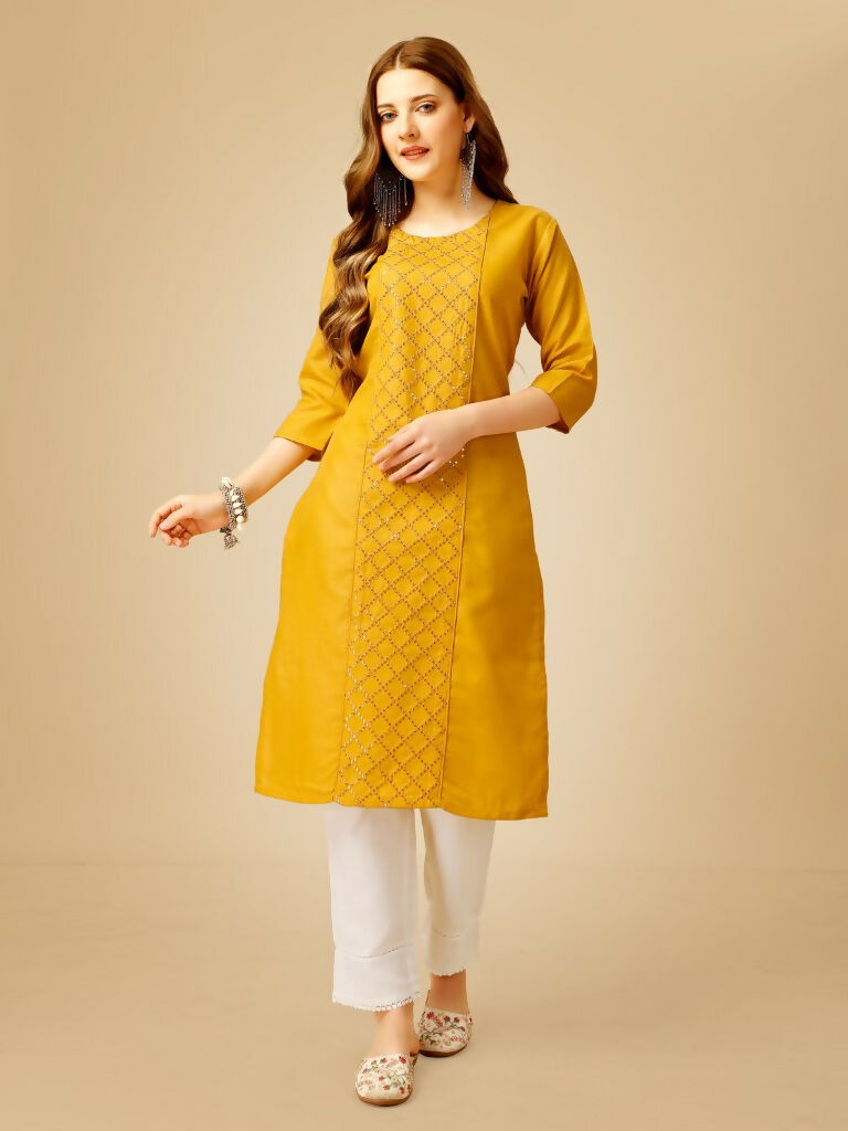 Jyoti Fashion Women's Yellow Cotton Blend Embroidered Kurta Pant Set | Swadesiicart