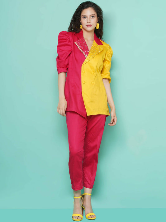 Women Republic Pink And Yellow Cotton Silk hand Embellished Coord set with Pouch | Swadesiicart