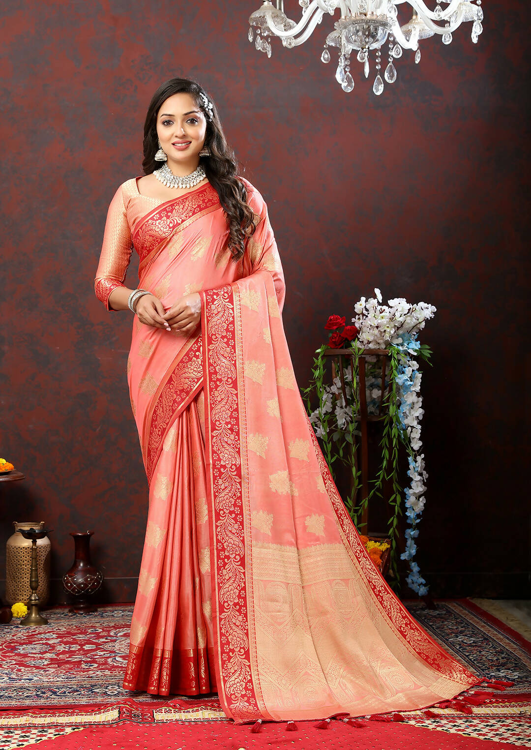Lorenvalley Fashion Peach Cotton Woven Design with Zari Weaving Design Saree - Swadesiicart