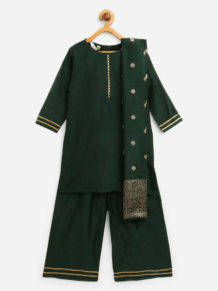 Ahalyaa Dark Green Chanderi Solid Kids Kurta Palazzo Set With Dupatta For Girls | Swadesiicart
