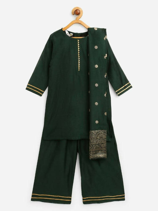 Ahalyaa Dark Green Chanderi Solid Kids Kurta Palazzo Set With Dupatta For Girls | Swadesiicart