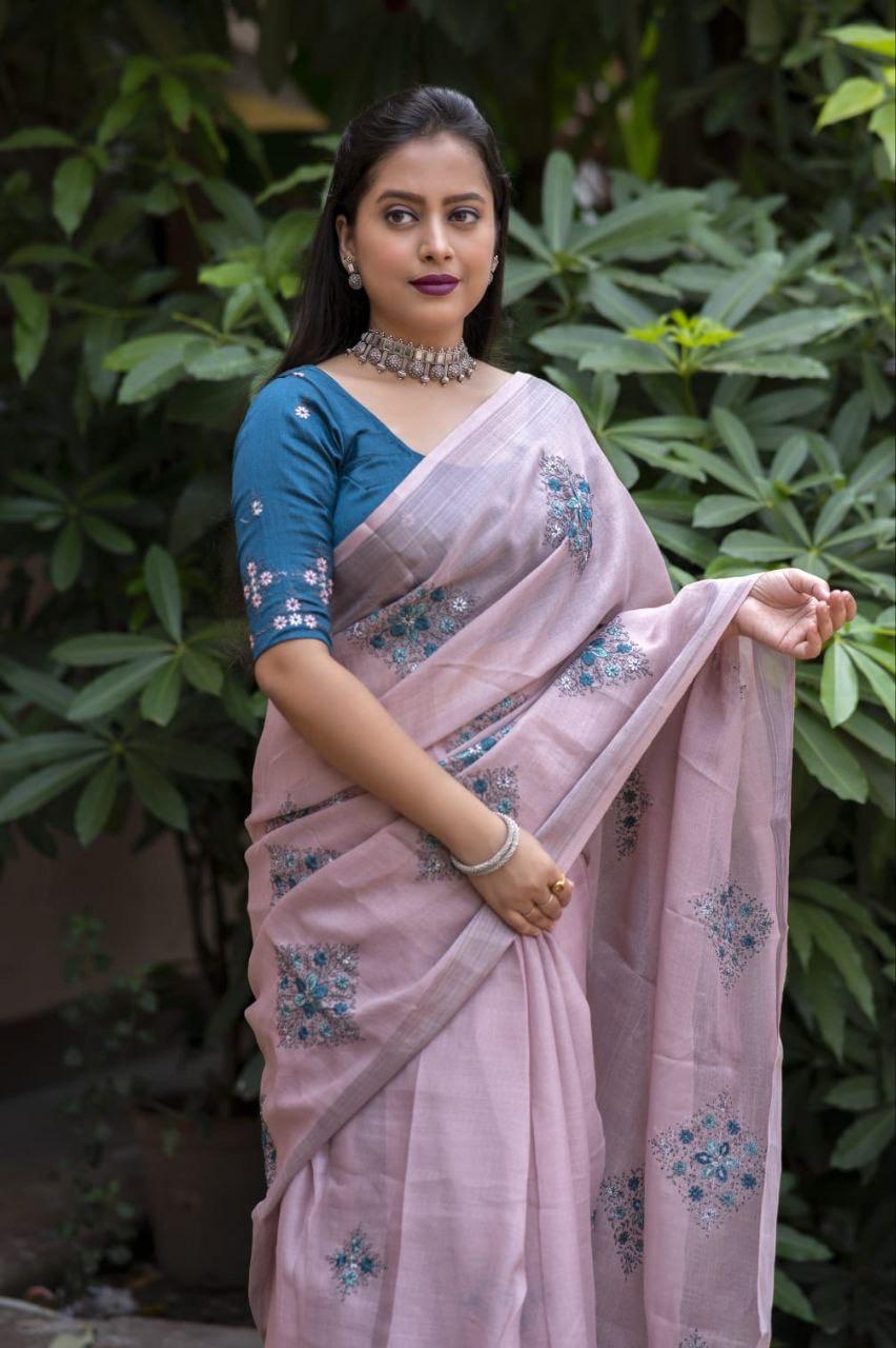 Mine Pure Linen Ethnic Motifs Saree with Unstitched Blouse - Hiral Fashion | Swadesiicart