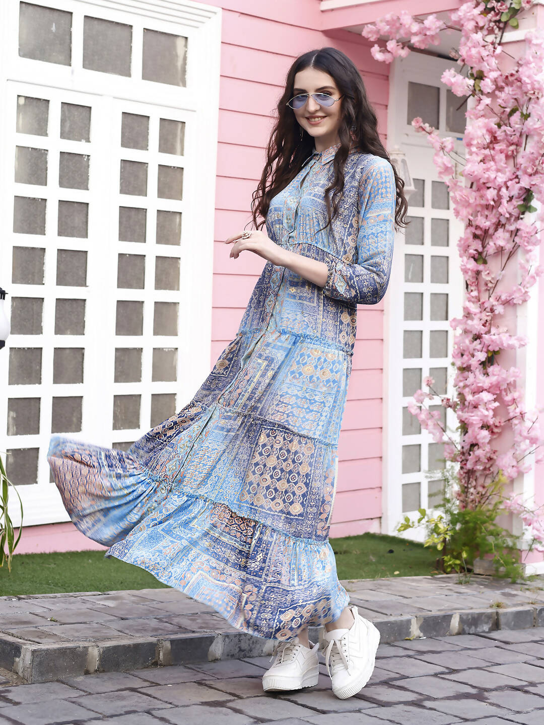 Light Blue Crepe Foil Printed Long Dress - Michan | Swadesiicart