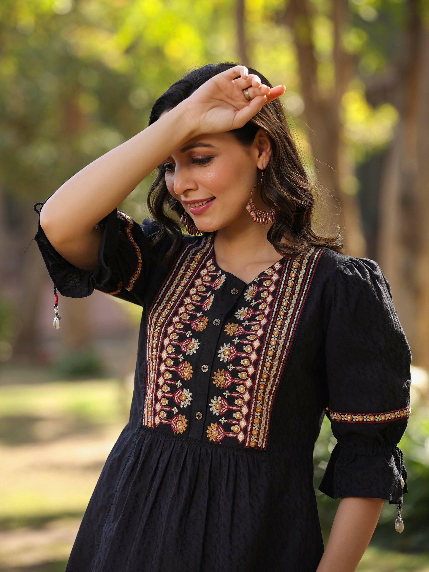 Juniper Women's Black Cotton Solid With Embroidered Straight Tunic | Swadesiicart