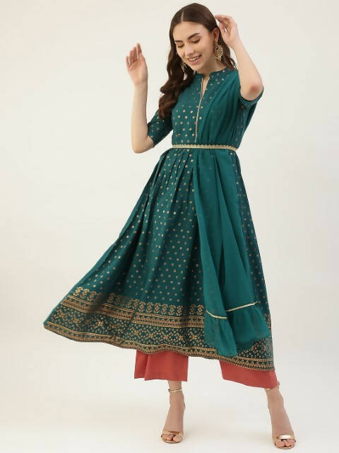 FIORRA Women's Turquise Poly Crepe Flared Kurta With Dupatta - Swadesiicart