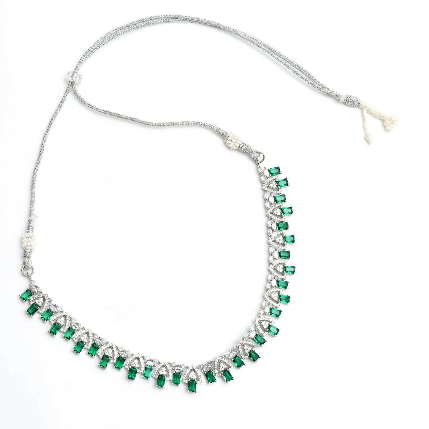 Mominos Fashion Johar Kamal Silver-Plated American Diamond Green Choker Set | Swadesiicart