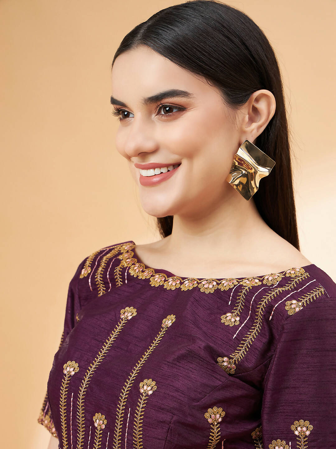 Beige, Purple Tussar Silk Zari, Thread And Cord Embroidery, Laser Cut Applique Saree - Norita Hit Design - Swadesiicart