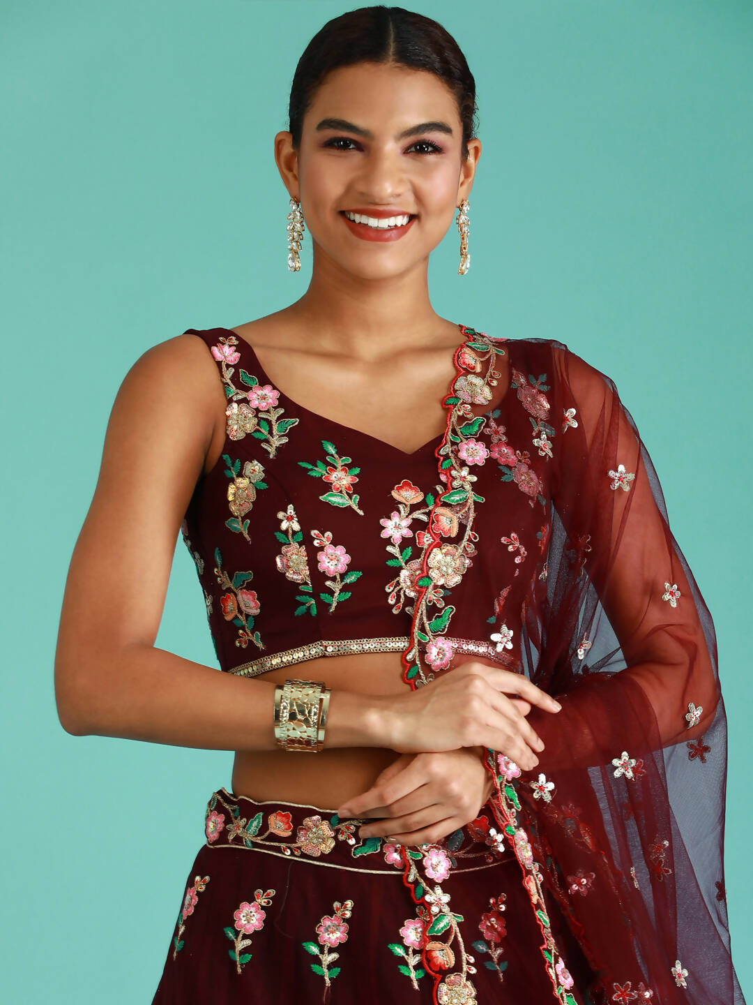 House of Panchhi Burgundy Net Sequinse Work Lehenga & Blouse, Dupatta | Swadesiicart