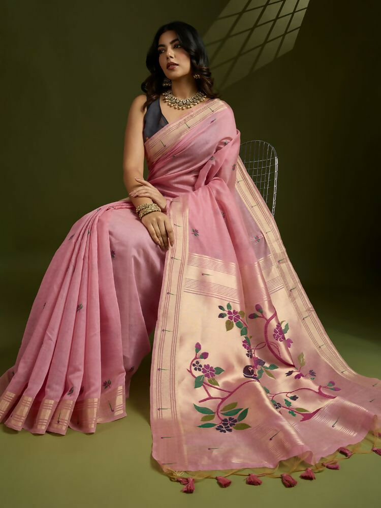 Vishnu Weaves Women's Pink Muga Cotton Thread Woven Butti with Blouse - Swadesiicart