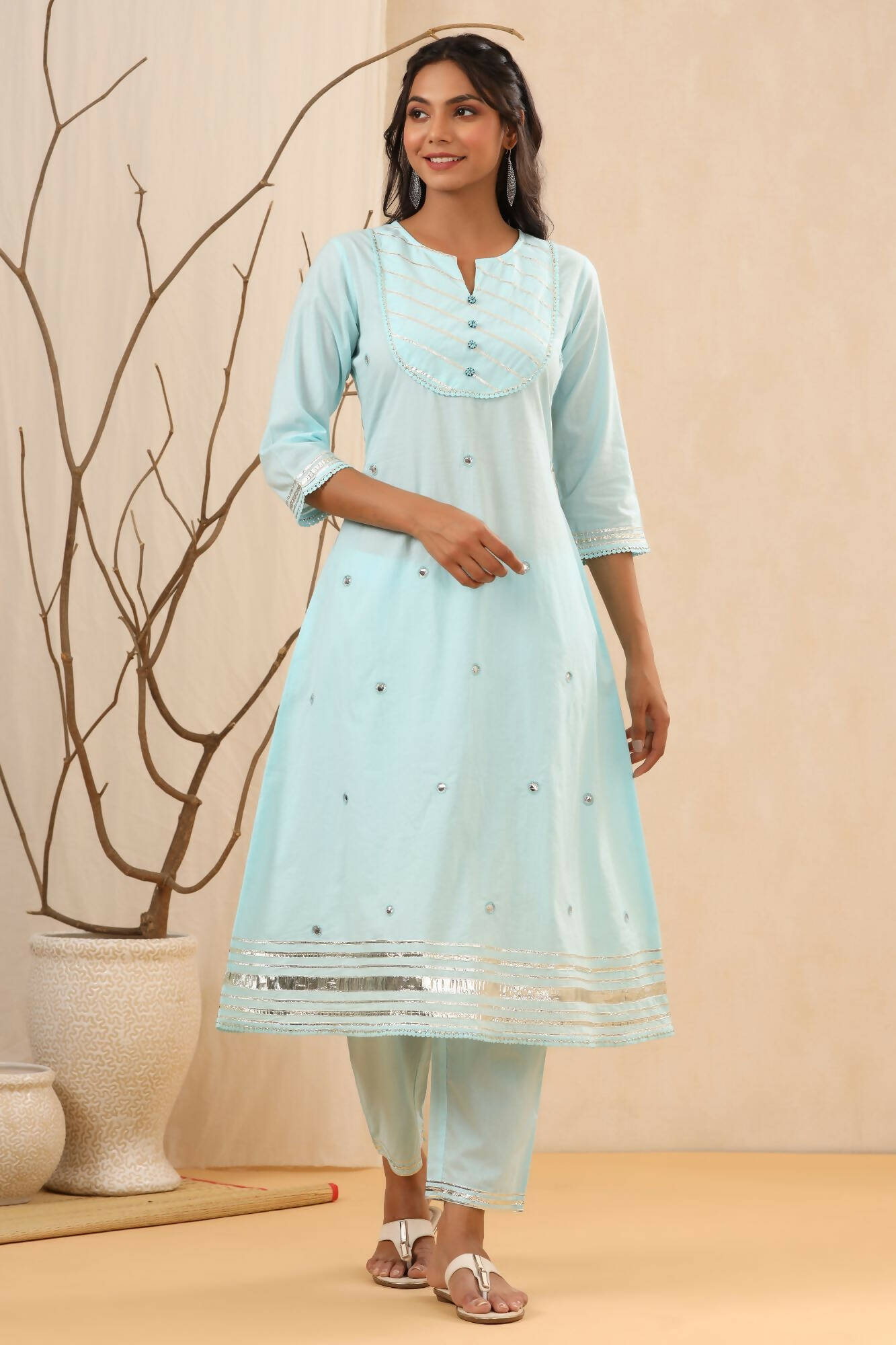 Juniper Women Skyblue Cambric Gotta Work Straight Kurta Sets - Swadesiicart