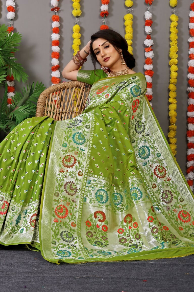 Jyoti Fashion Women's Green Banarasi Silk Zari Woven Saree with Blouse | Swadesiicart