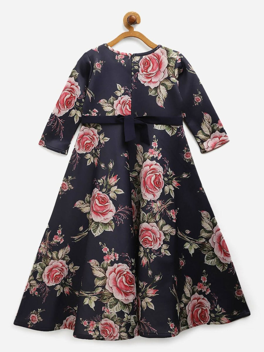 Ahalyaa Navy Blue Digital Print Floral Kids Dress For Girls | Swadesiicart