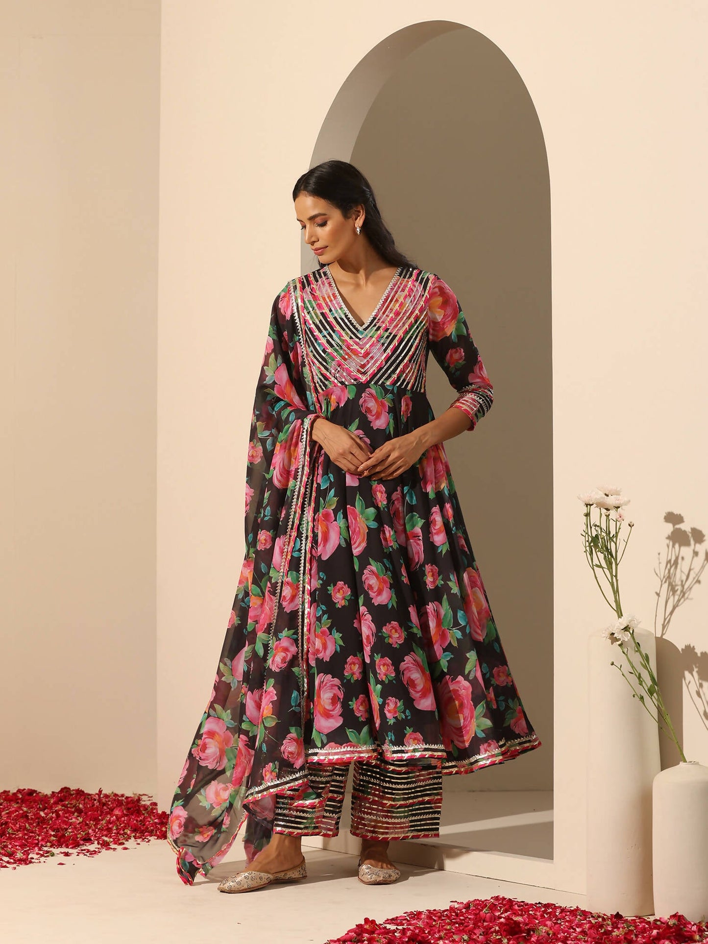 Pomcha Jaipur Black Gul Gulab Anarkali Set | Swadesiicart