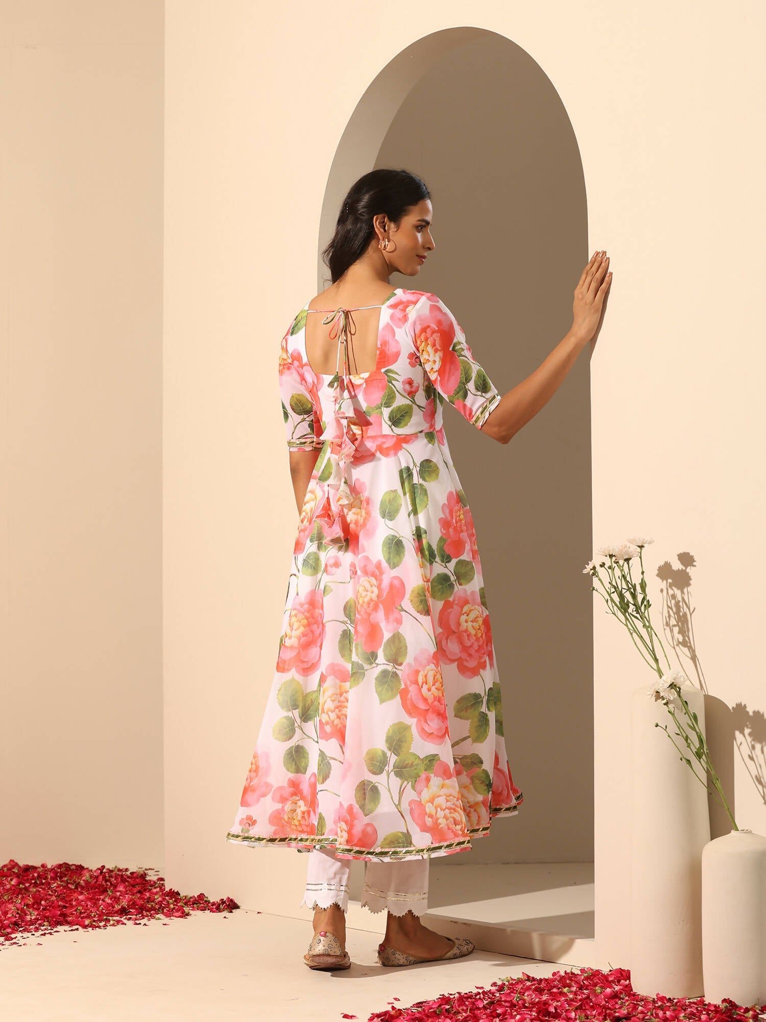 Pomcha Jaipur White Gul Noor Anarkali Set | Swadesiicart