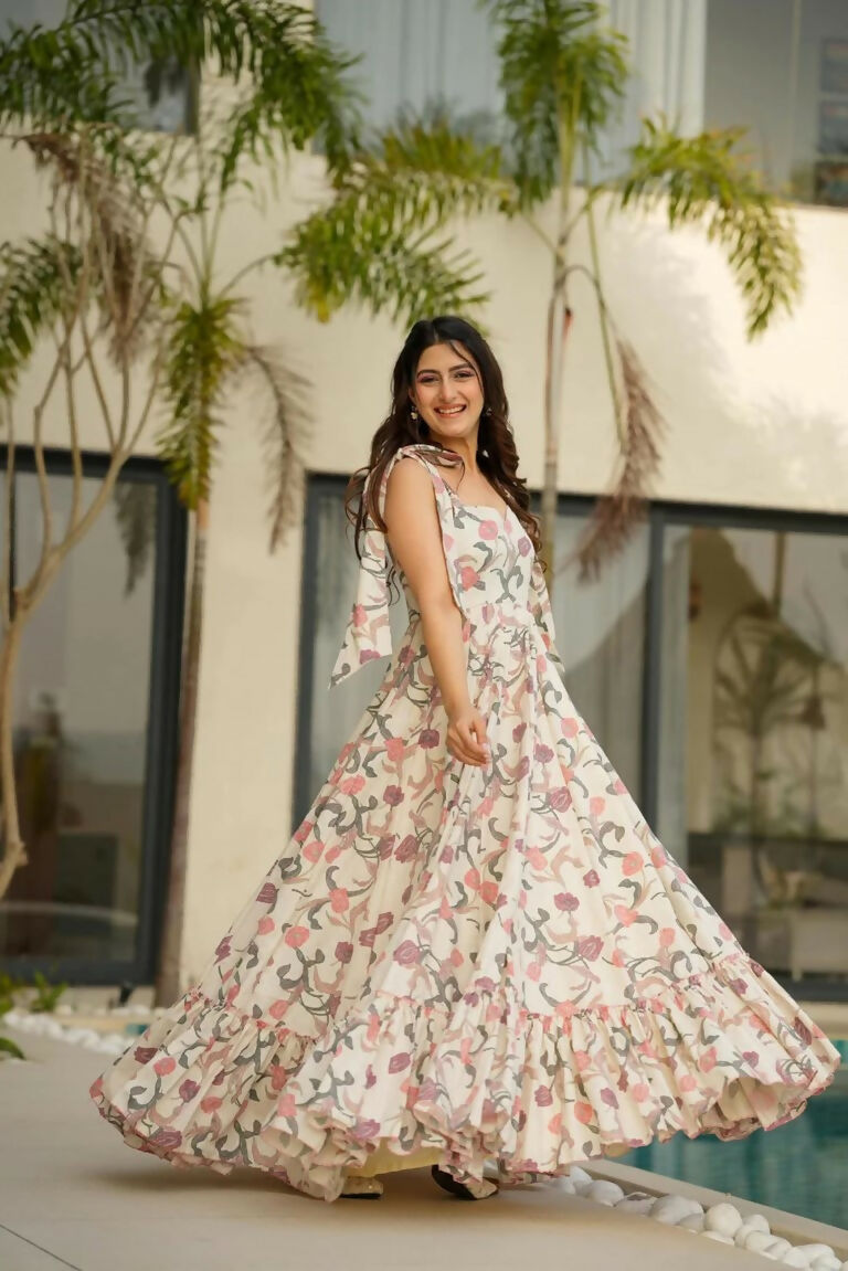 Aayaa Designer Cambric Cotton Printed Full Flaired Gown - Multi Color