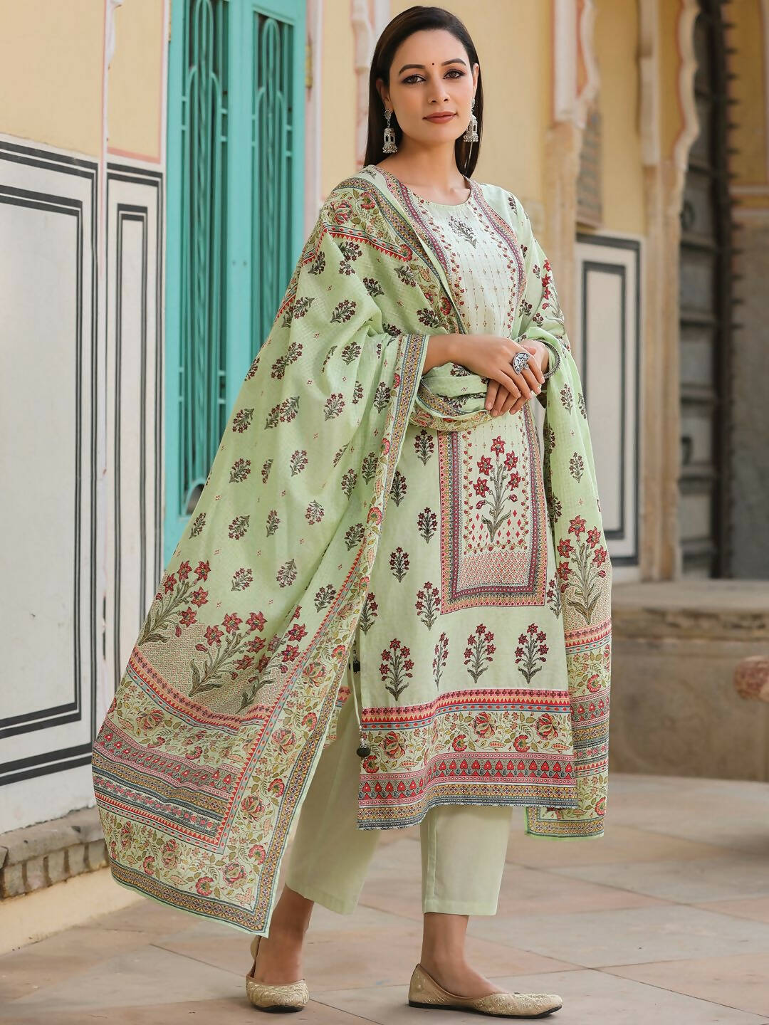 Juniper Women's Lime Green Cambric Floral Placement Printed Straight Fit Kurta Sets | Swadesiicart