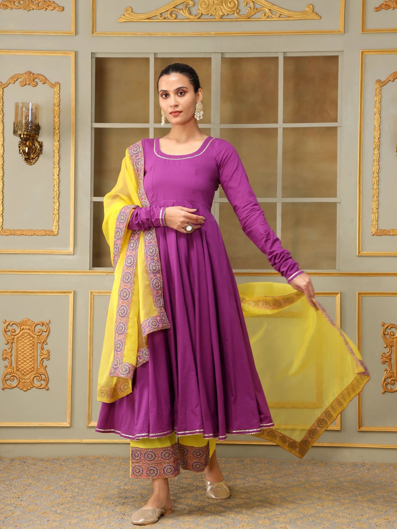 Pomcha Jaipur Purple Saadgi Bagni Lace Anarkali Set | Swadesiicart