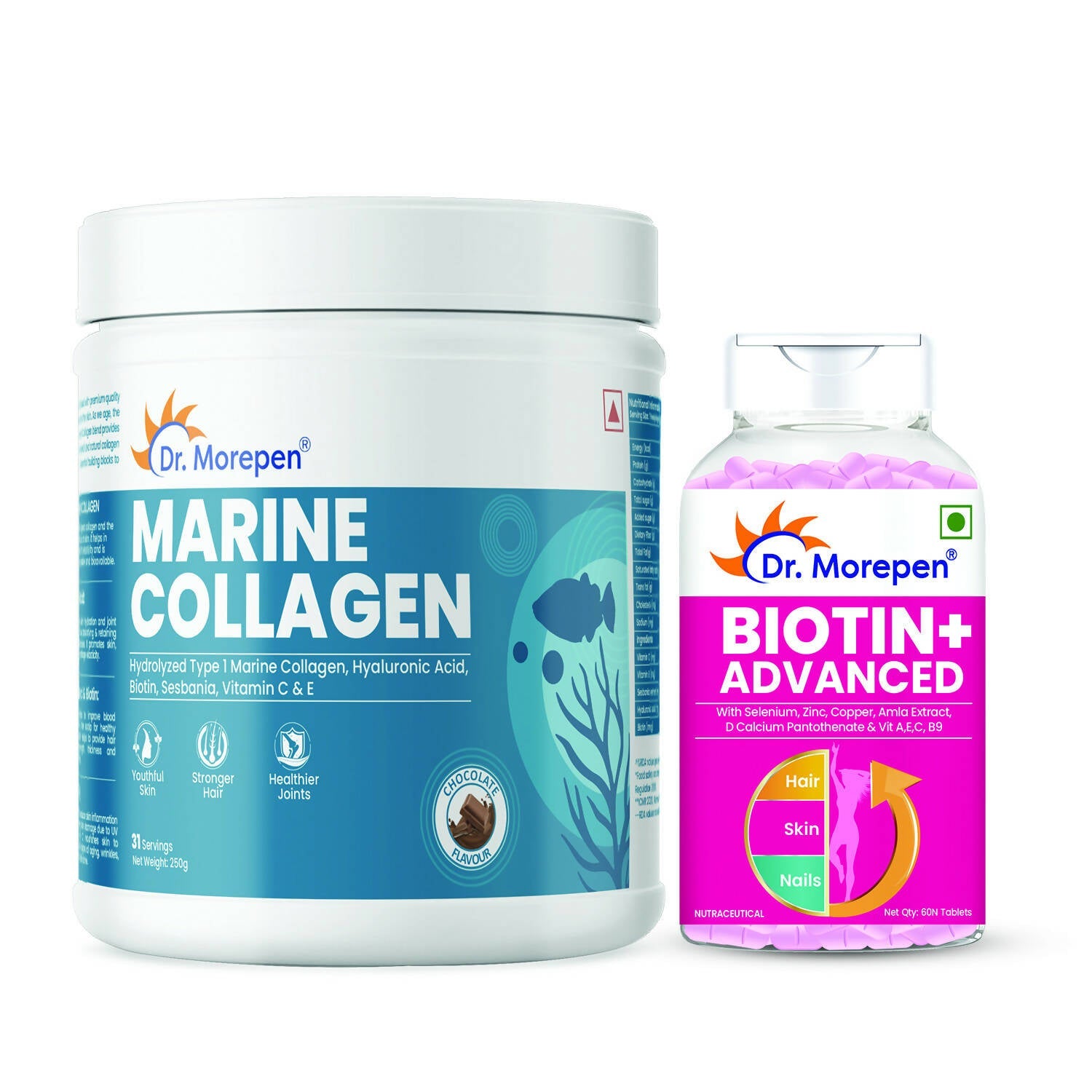 Dr. Morepen Biotin+ Advanced Tablets and Marine Collagen Protein Powder Chocolate Flavour Combo - Dr Morepen