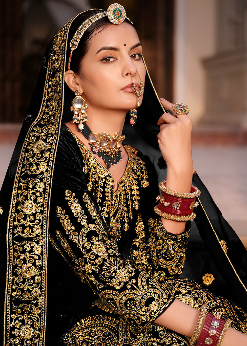 Black Velvet Front & Back Embroidery Wedding Anarkali Suit - Emponline | Swadesiicart