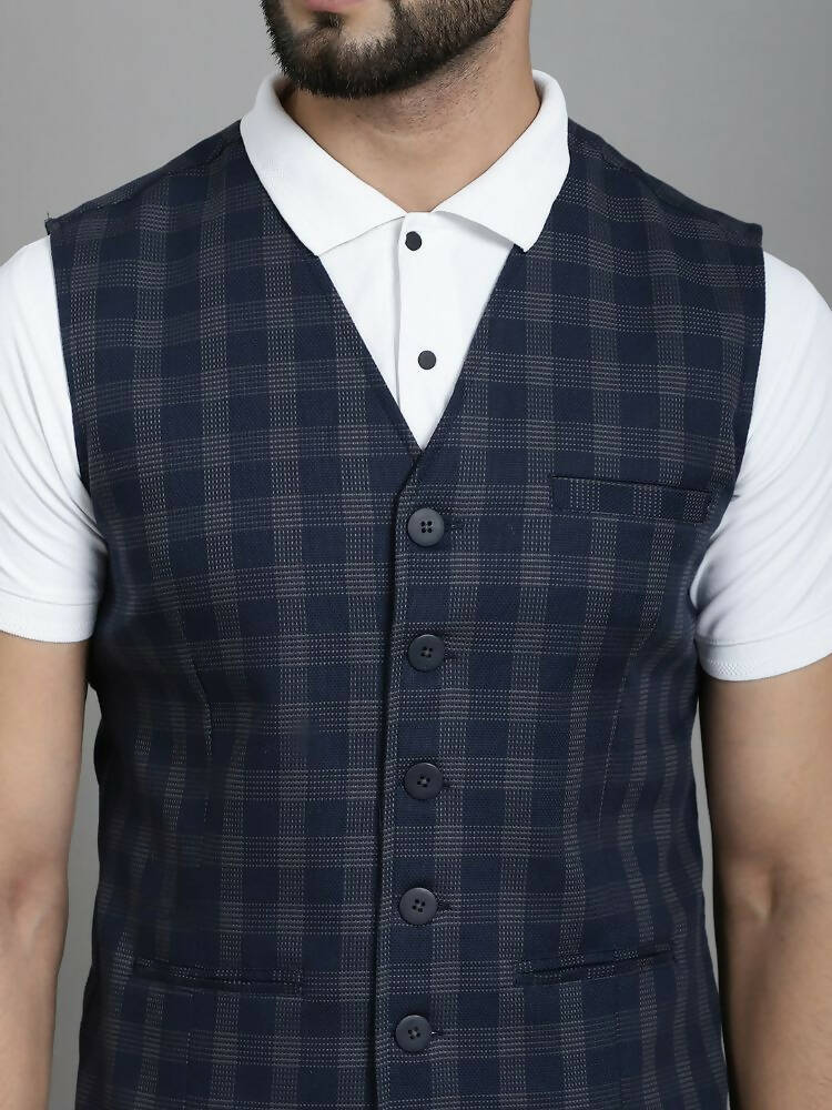 Even Apparels Checked Waistcoat With Welt Pockets - Navy Blue | Swadesiicart