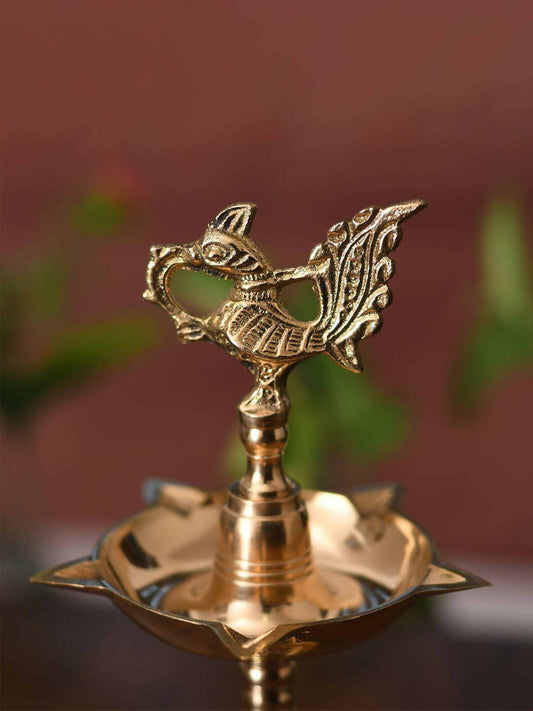 CraftVatika Gold-Toned Brass Peacock Mahabharat Diya | Swadesiicart