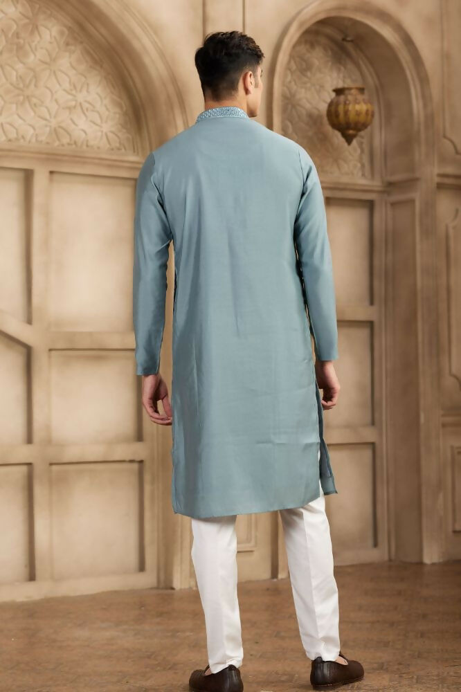 Raivat Ethnic Banarasi Art Silk Mirror Work Kurta Pajama In Grey Colour | Swadesiicart