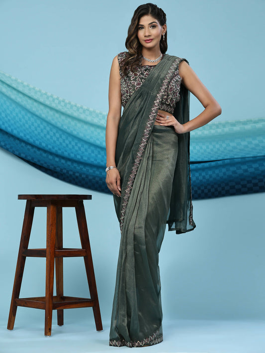 Green Lycra Shimmer Pattern Ready to Wear Saree with stitched Blouse - Nirvana | Swadesiicart