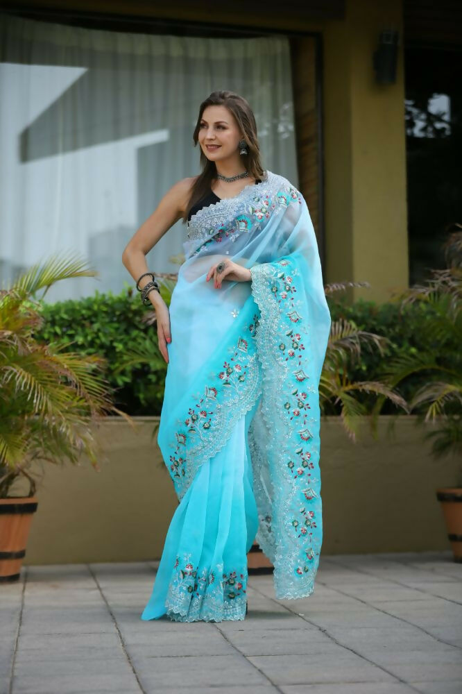 Vamsee Sanyogita Sanyogita - Sky Organza Saree - Swadesiicart