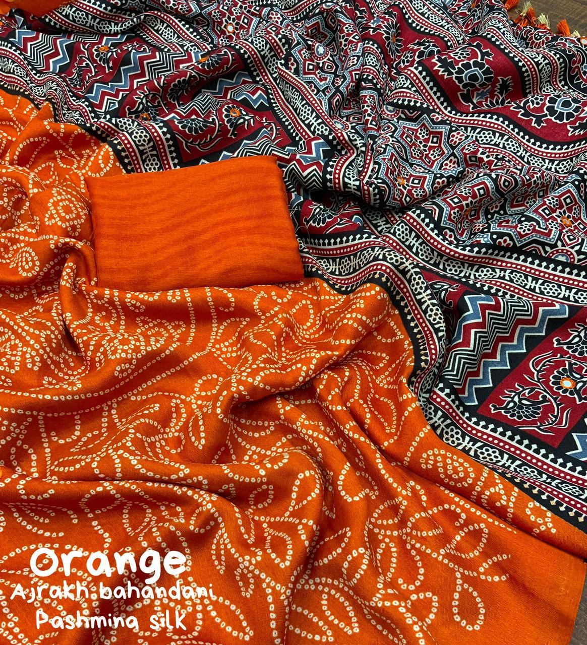 Orange Silk Blend Ajrak Saree with Unstitched Blouse - Hiral Fashion | Swadesiicart