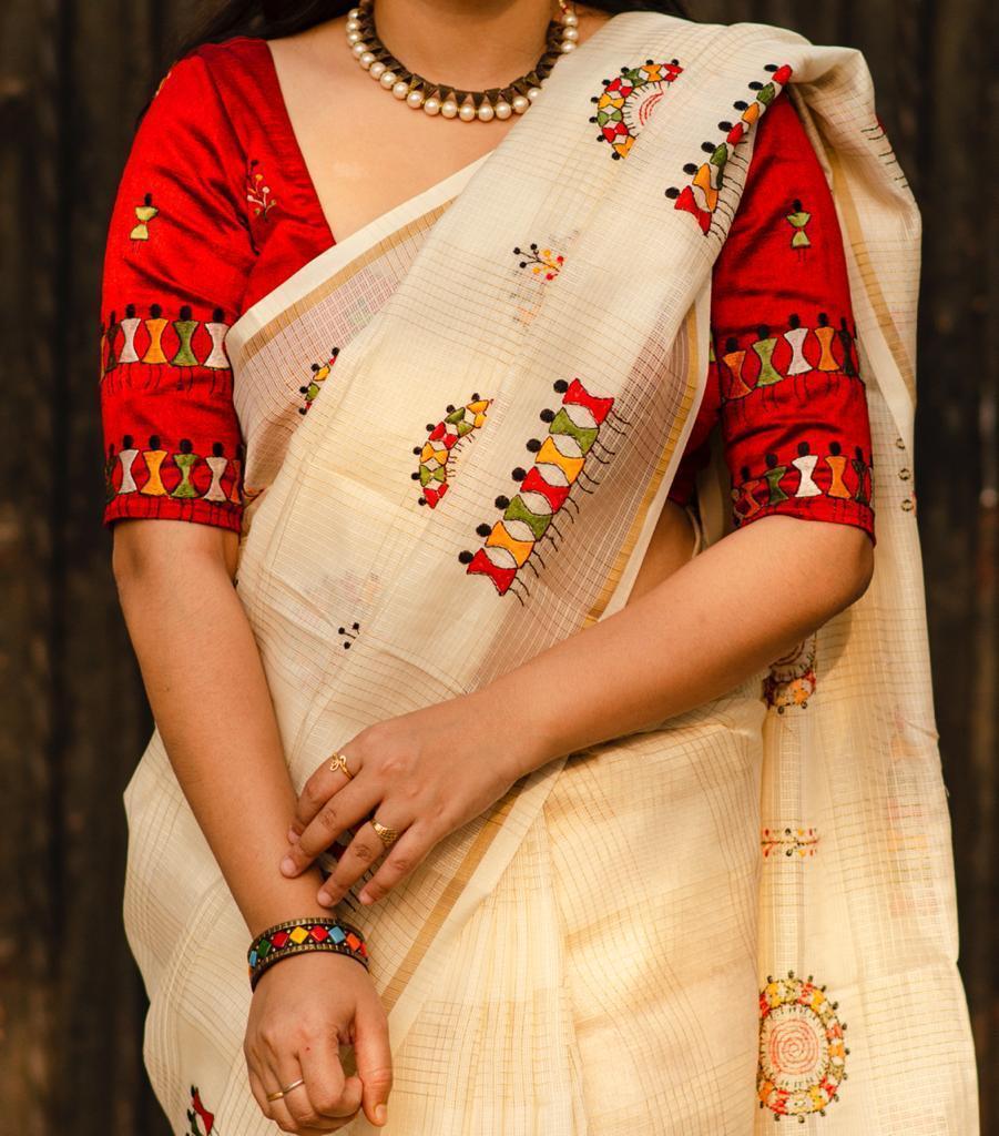 Cream Cotton Blend Warli Saree with Unstitched Blouse - Hiral Fashion | Swadesiicart