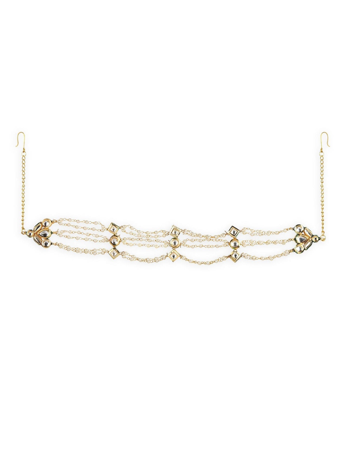 Gold-Polished White Kundan-Studded Pearl Head Chains - Ruby Raang | Swadesiicart