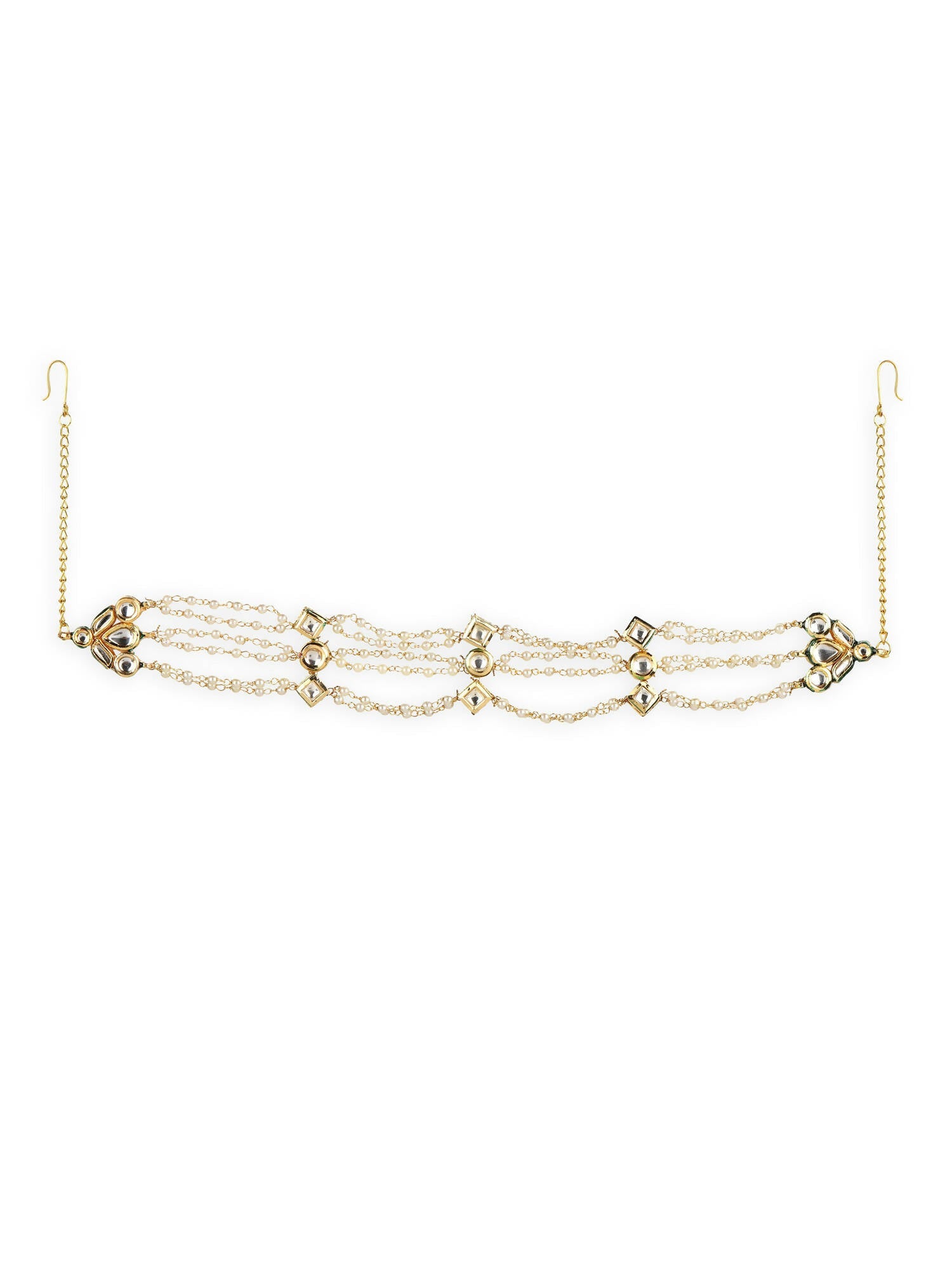 Gold-Polished White Kundan-Studded Pearl Head Chains - Ruby Raang | Swadesiicart