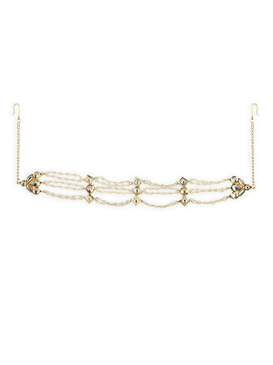 Gold-Polished White Kundan-Studded Pearl Head Chains - Ruby Raang | Swadesiicart