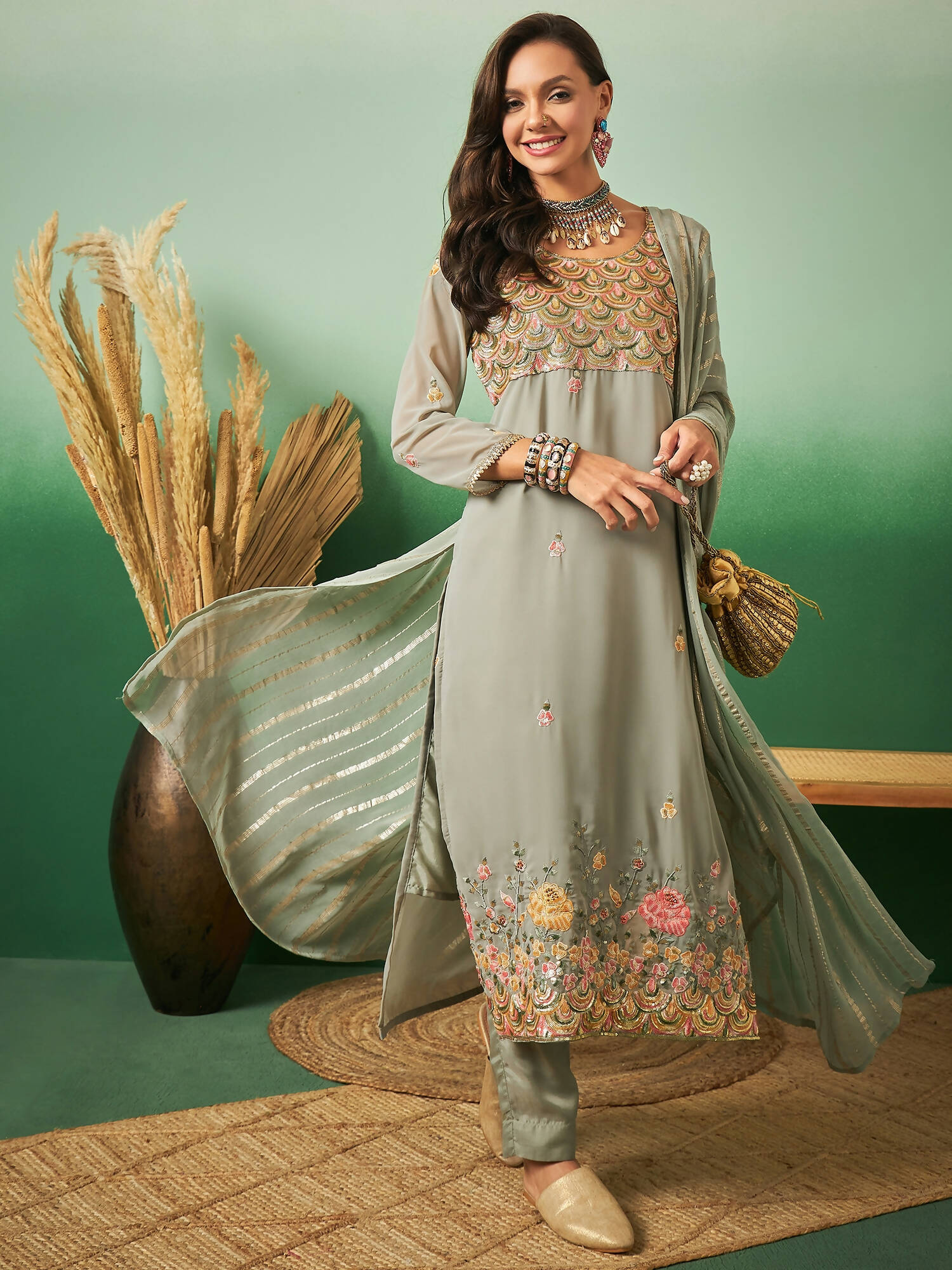 Light Green Georgette Handwork Unstitched Dress Material - Hanika | Swadesiicart