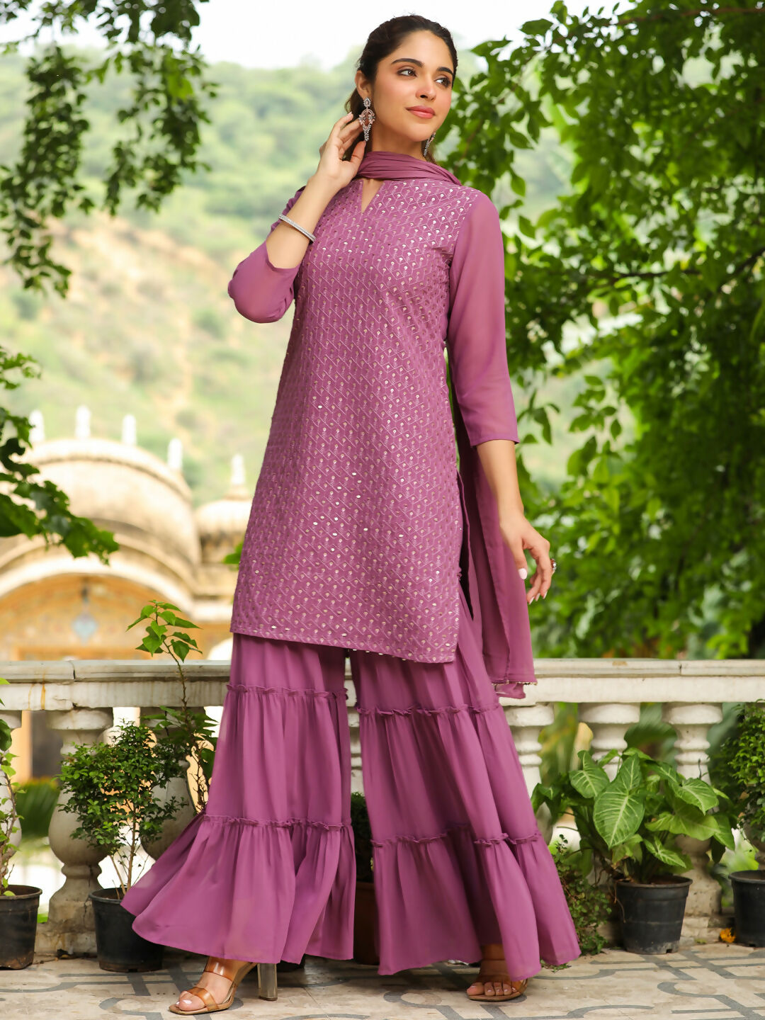 Janasya Lavender Georgette Embroidered Kurta,Bottom & Dupatta | Swadesiicart