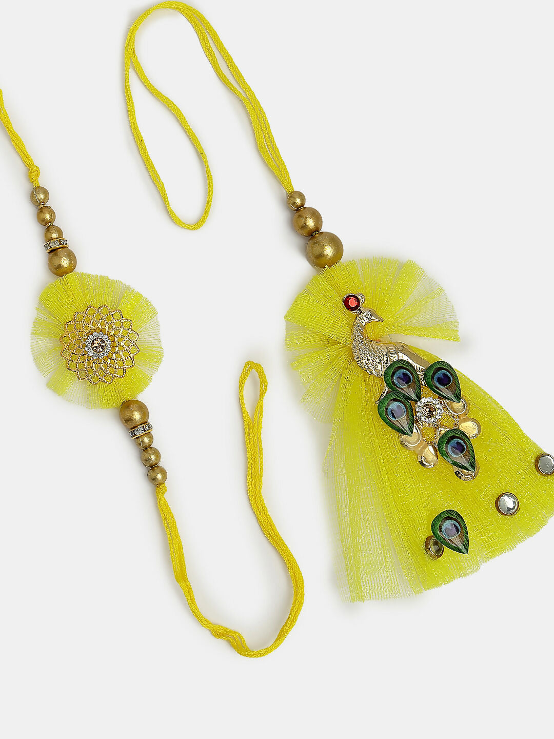 NVR Women & Men Set of 2 Yellow Peacock Design Bhaiya Bhabhi Rakhi With Roli Chawal & Chocolate | Swadesiicart