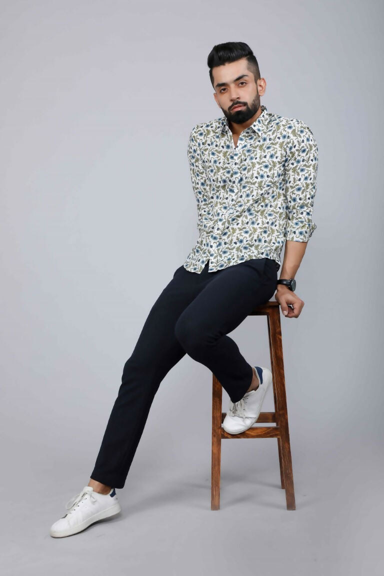 Miravan Men's White & Blue Floral Print Cotton Regular Fit Shirt | Swadesiicart