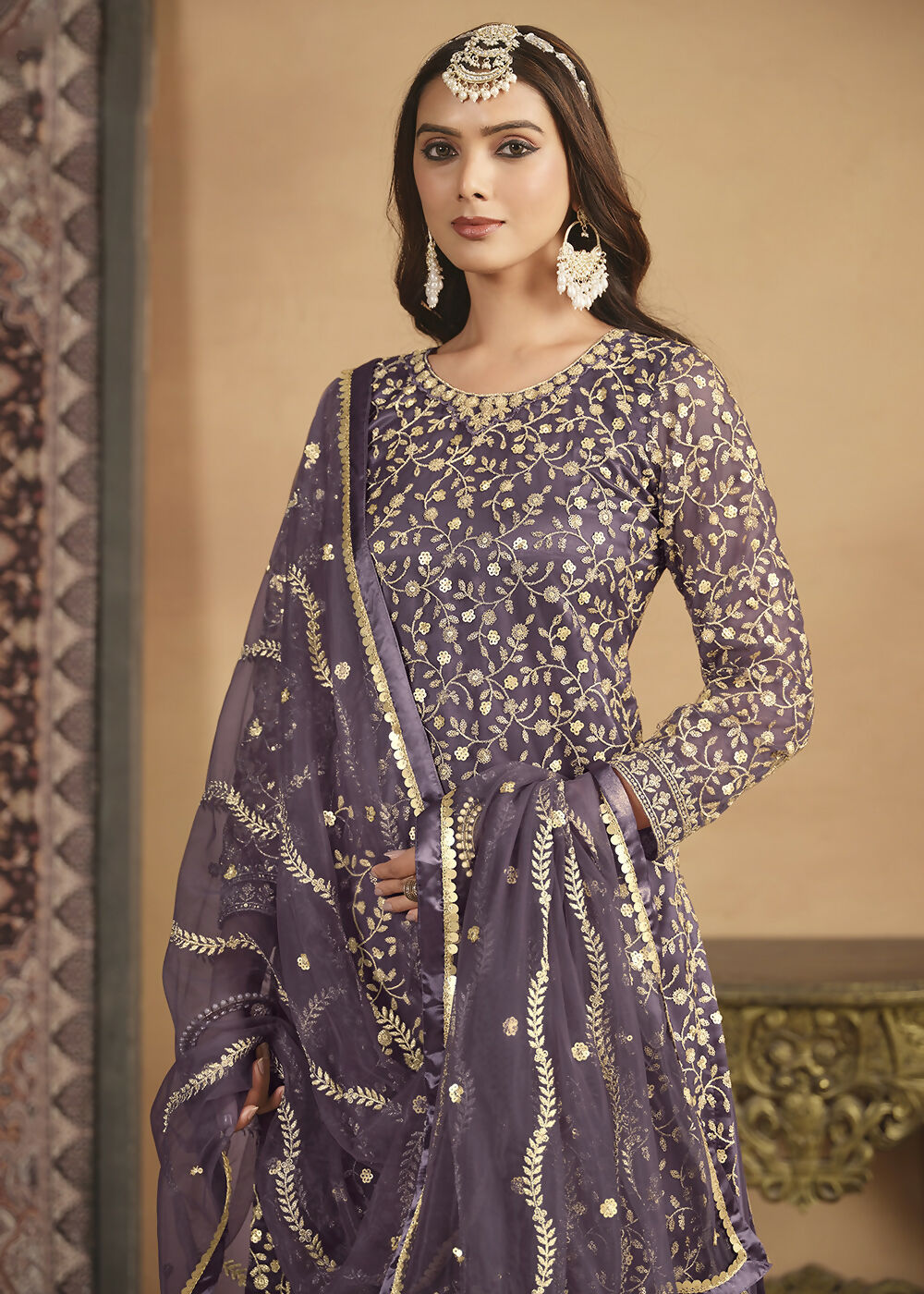 Net Dusty Purple Embroidered Festive Gharara Style Suit - Emponline | Swadesiicart