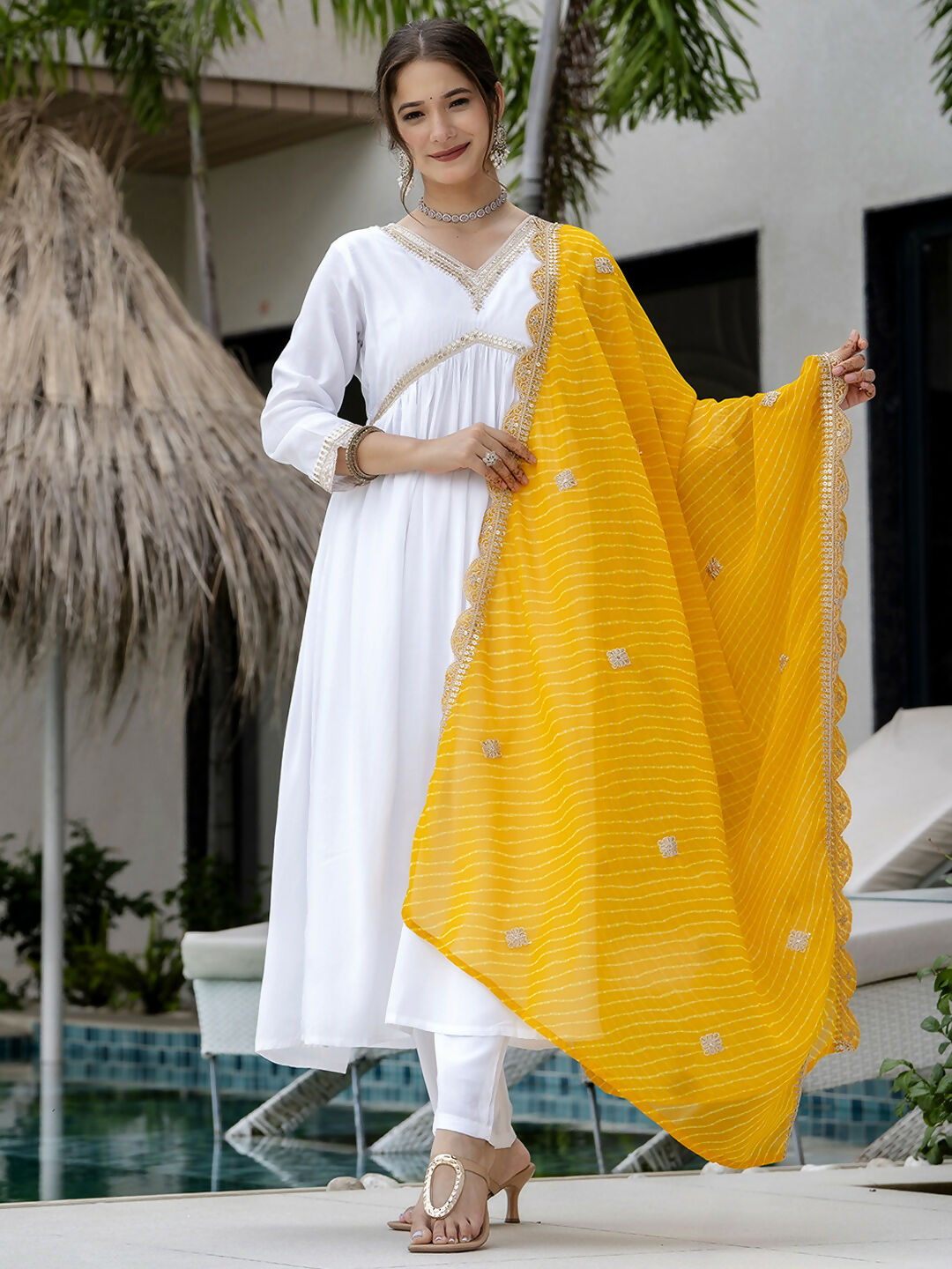 The52 White Women's Gorgeous Embroidered Chanderi Fabric Straight Kurta, Pant and Dupatta Set - Swadesiicart