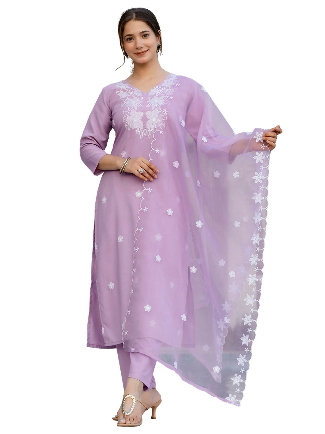 The52 Lavender Women's Beautiful Thread work Rayon Fabric with Straight Kurta, Pant and Dupatta Set - Swadesiicart