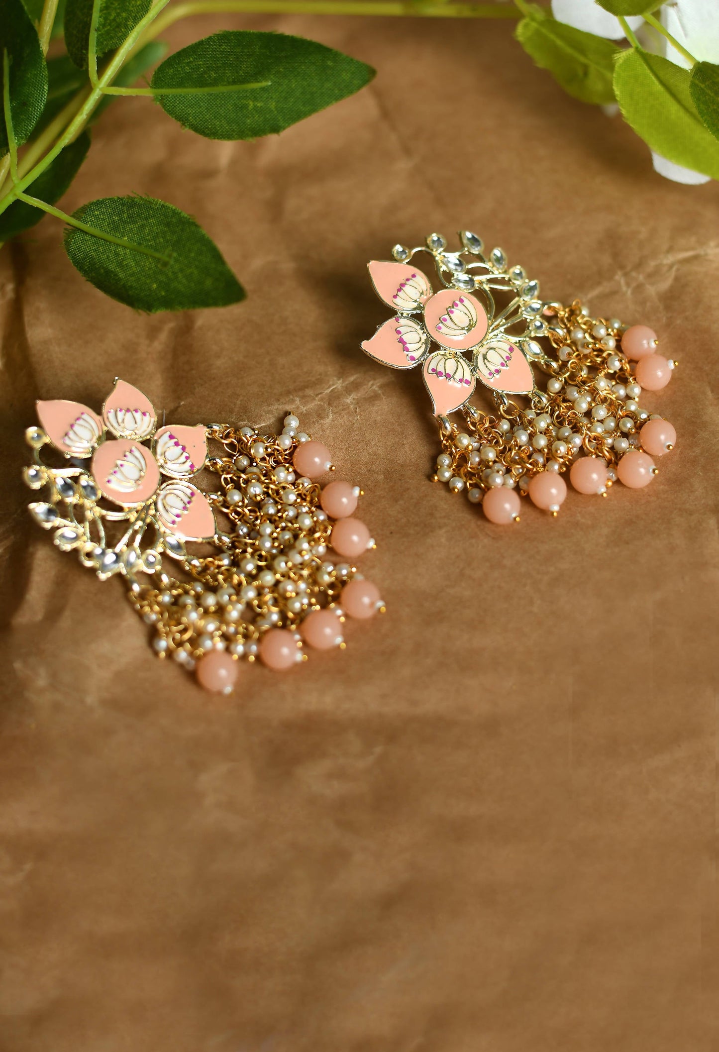 Mominos Fashion Johar Kamal Gold-Polished Kundan Peach Meenakari Earrings - Swadesiicart