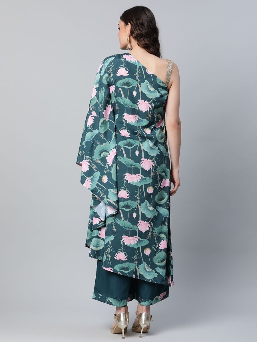 Ahalyaa Women Green Crepe Floral Printed Kurta with Palazzo Set | Swadesiicart