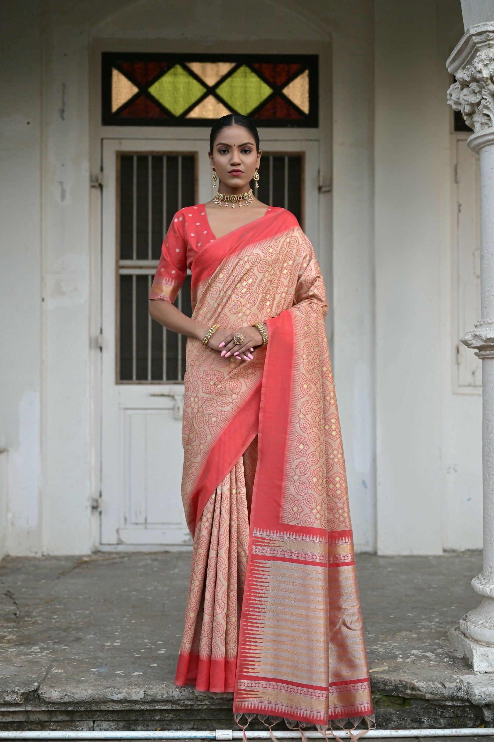 Vishnu Weaves Women's Chiku Raw Silk Saree with Blouse - Swadesiicart