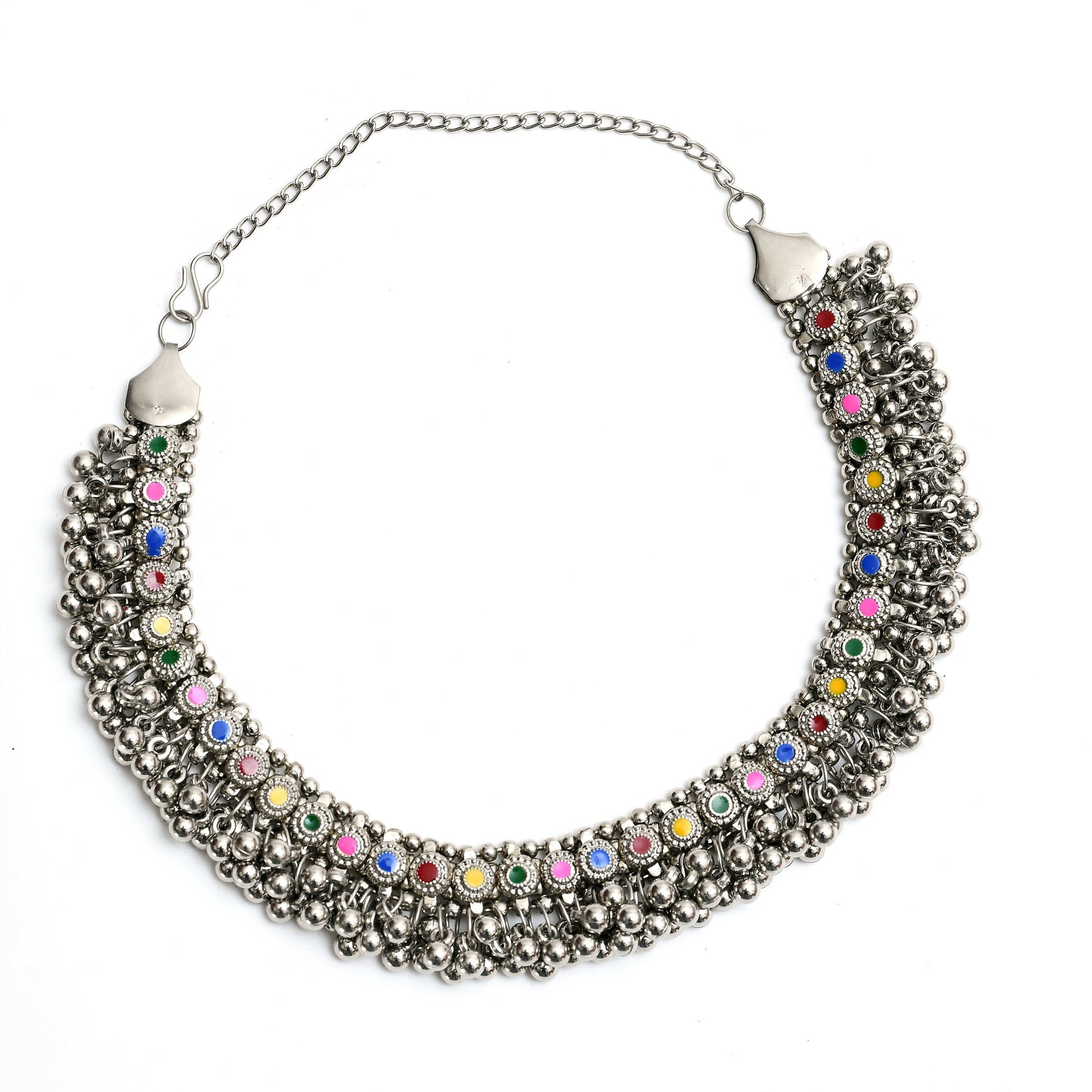 Mominos Fashion Johar Kamal Oxidised Silver-Plated Meena Work Choker Set | Swadesiicart