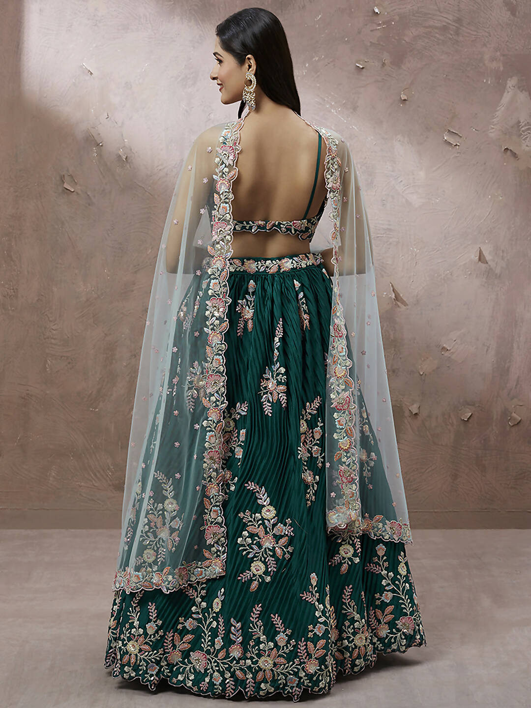 House of Panchhi Teal - Pure Georgette Thread & Sequins Work Lehenga | Swadesiicart