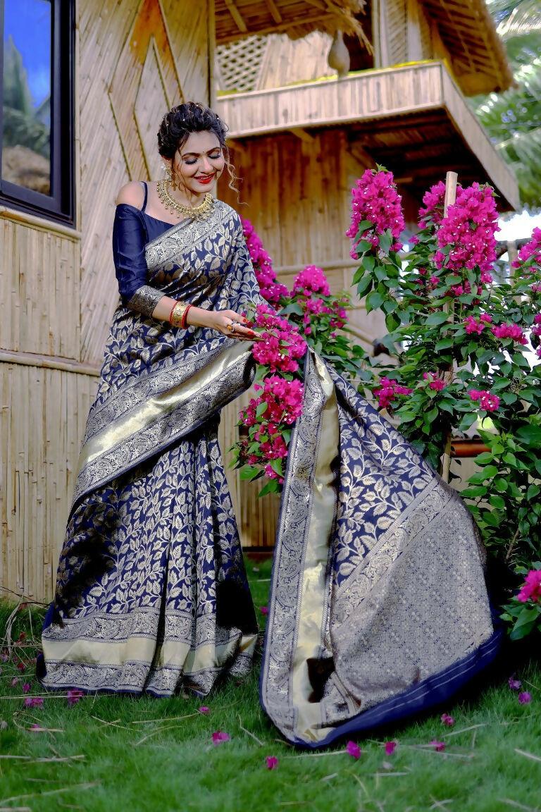 Partywear Designer Blue Banarasi Silk Fancy Saree - Starwalk | Swadesiicart