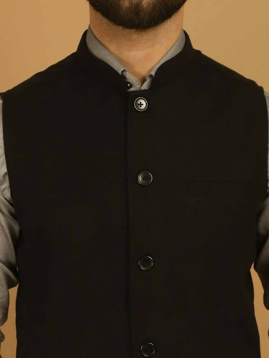 Even Apparels Pure Wool Nehru Jacket - Black | Swadesiicart